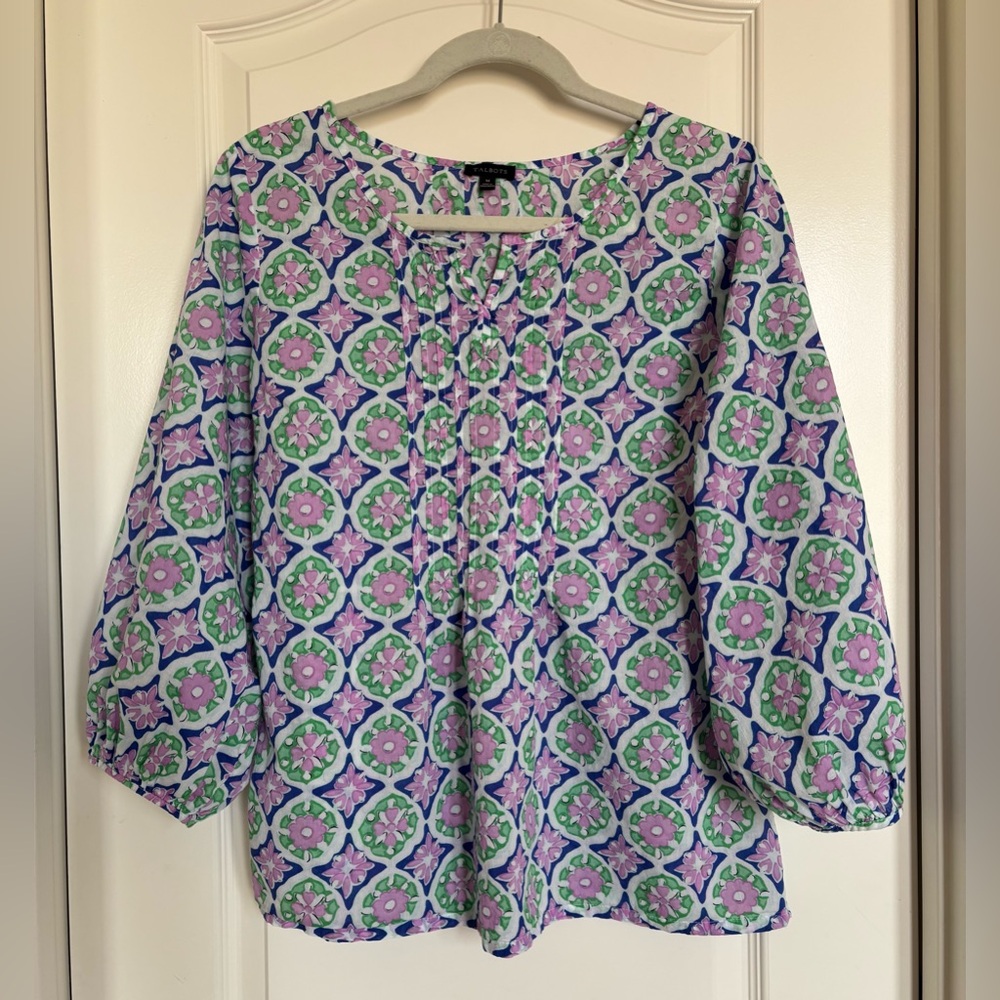 Talbots Floral Pintucked 3/4 Balloon Sleeve Top Sz M Lightweight shirt